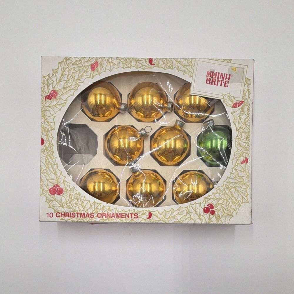 Shiny Brite 9pc Christmas Round Ball Ornaments Set, Gold & Green